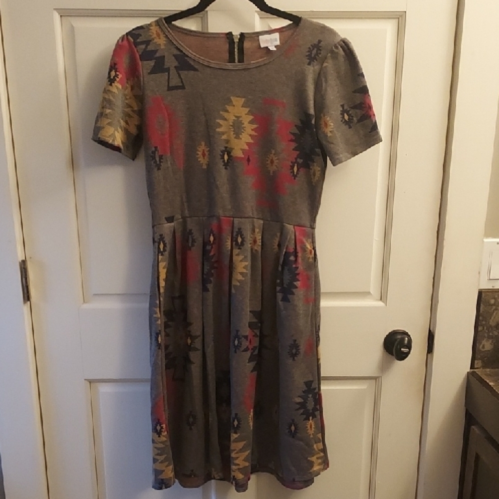 LuLaRoe Amelia Gray and Red Fit and Flare Midi Dress